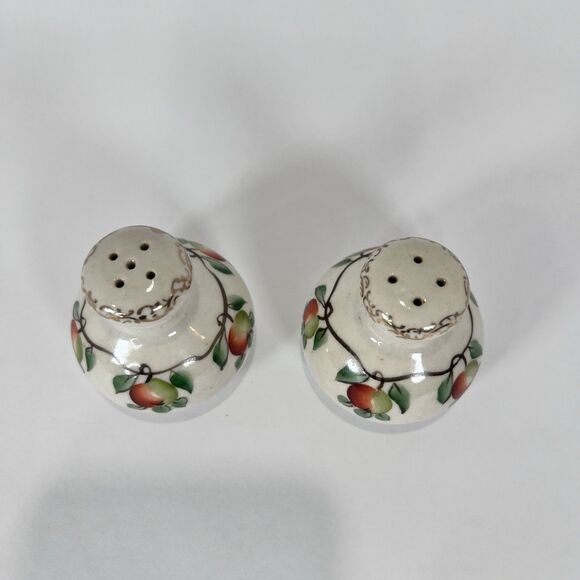 Antique Salt And Pepper Shakers Hand Painted Apples And Gold Motif - Picture 2 of 7